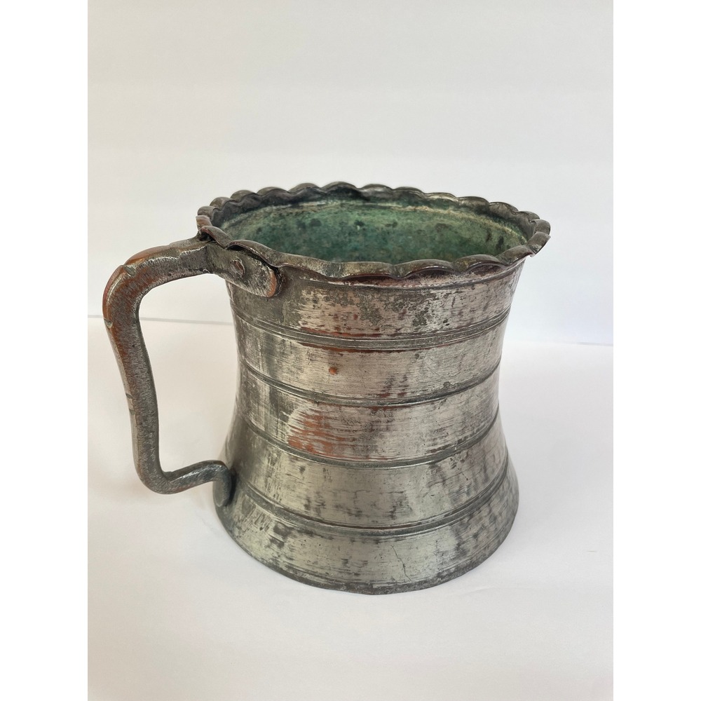 Antique Hand Hammered Copper Tankard Scalloped Rim Rustic Patina Metal Vessel 7"